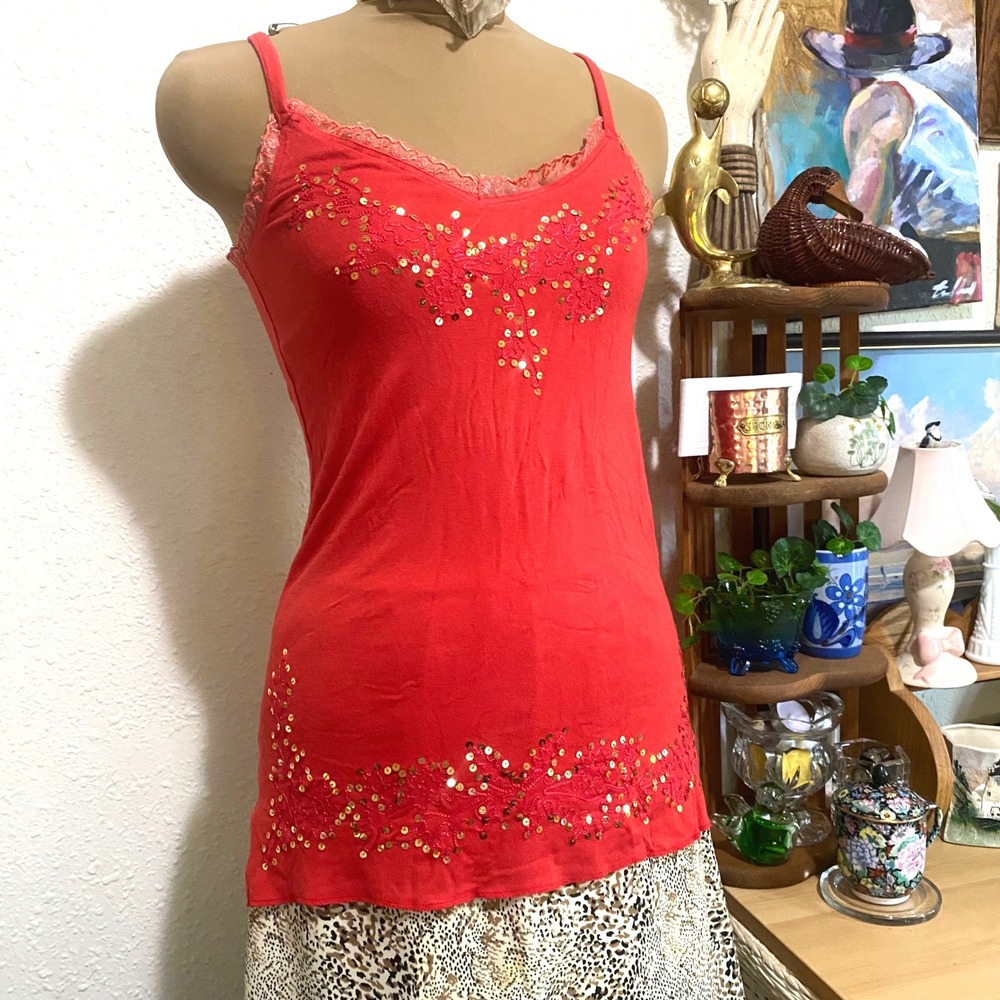 New It's me Red Sequin babydoll Lace Trim Camisole Top Y2K Boho Longline Tank L